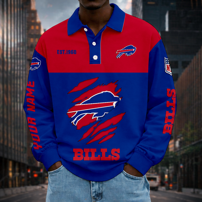 LIMITED EDITION - NEW CUSTOMIZED NFL03 BFB BUFFALO BILLS MEN LONG SLEEVE POLO