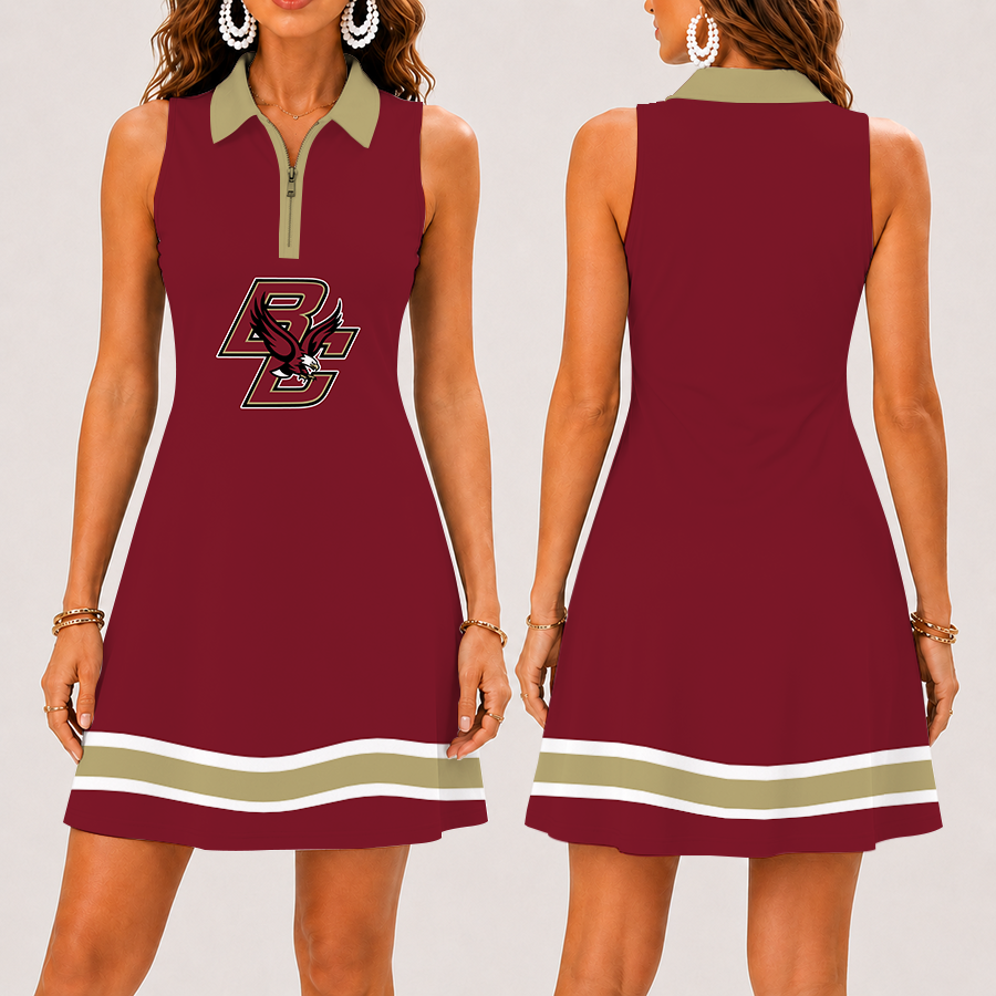 [FAN FAVORITE] NEW CUSTOMIZED NCAA MFF03 BOE BOSTON COLLEGE EAGLES WOMEN'S ZIP SLEEVELESS POLO DRESS