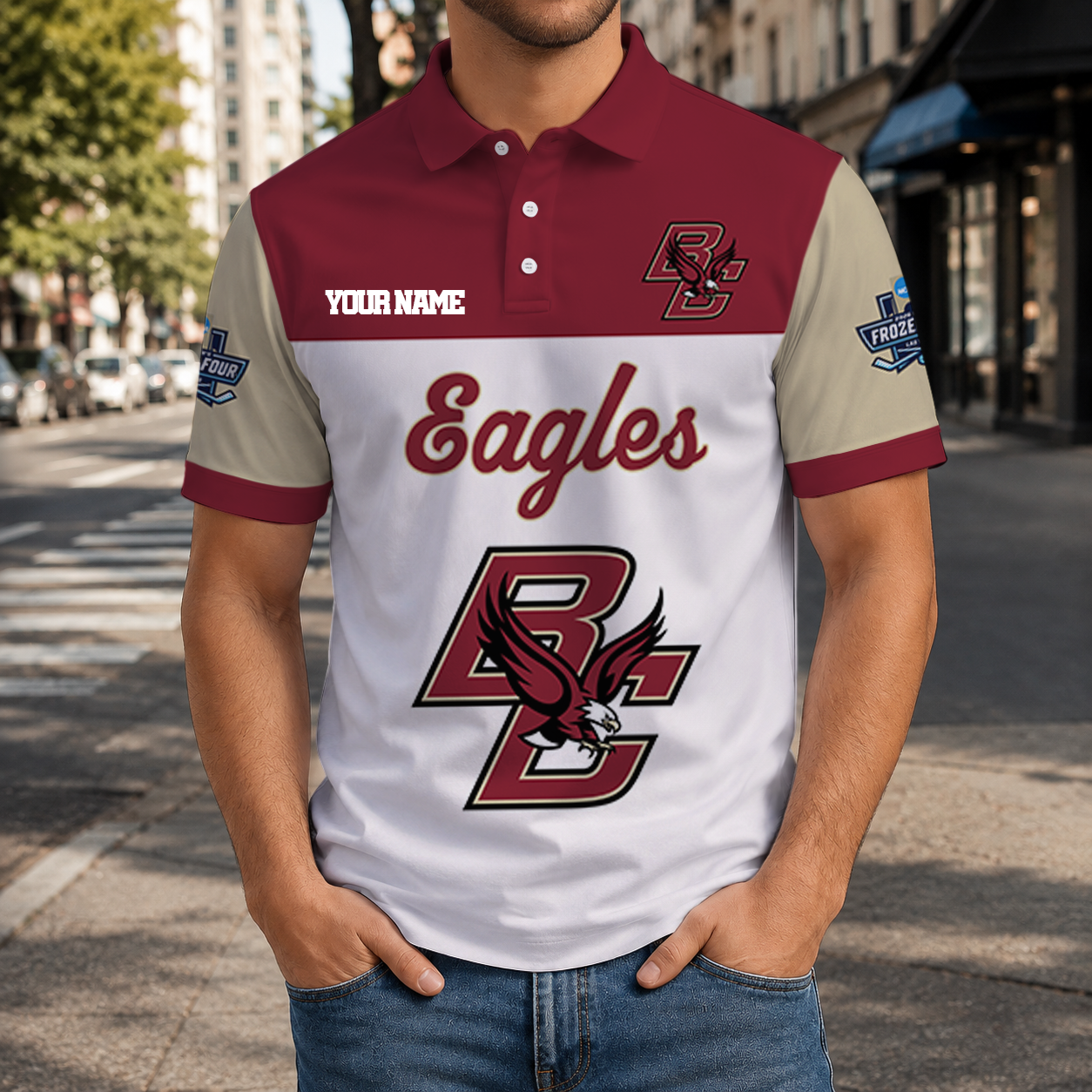 EXCLUSIVE EDITION - NEW CUSTOMIZED NCAA MFF03 BOE BOSTON COLLEGE EAGLES POLO SHIRT, ZIP POLO SHIRT & T-SHIRTS