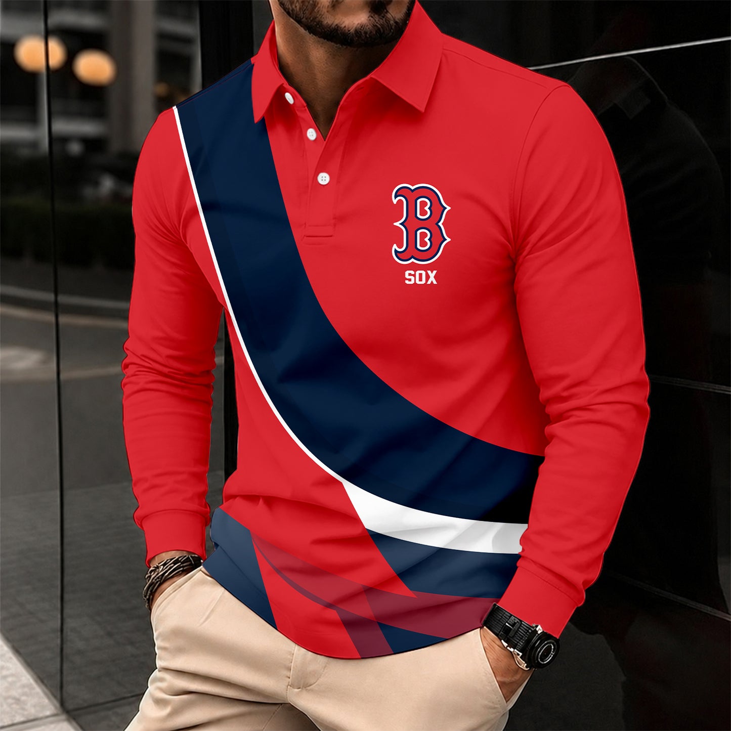 [FLASH SALE] NEW CUSTOMIZED MLB03 BRS BOSTON RED SOX MEN'S LONG SLEEVE POLO