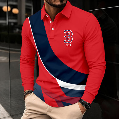 [FLASH SALE] NEW CUSTOMIZED MLB03 BRS BOSTON RED SOX MEN'S LONG SLEEVE POLO
