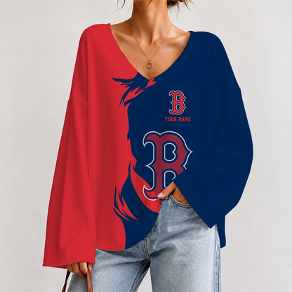 [FLASH SALE] NEW CUSTOMIZED MLB03 BRS BOSTON KHAKI SOX V-NECK LONG SLEEVED CROP TOP