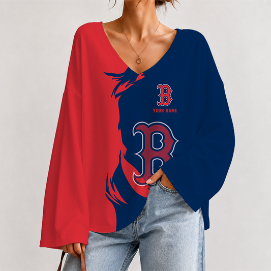 [FLASH SALE] NEW CUSTOMIZED MLB03 BRS BOSTON RED SOX V-NECK LONG SLEEVED CROP TOP