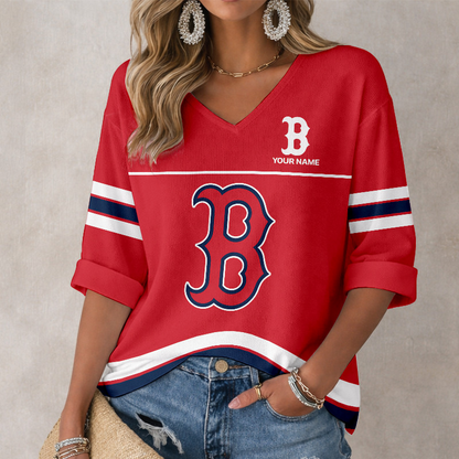LIMITED EDITION - NEW CUSTOMIZED MLB03 BRS BOSTON RED SOX WOMEN'S HEART V-NECK LONG SLEEVE SHIRT