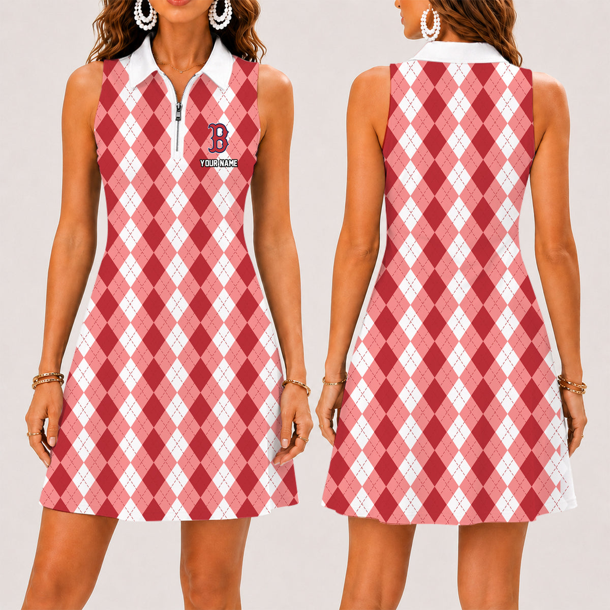[FLASH SALE] NEW CUSTOMIZED MLB03 BRS BOSTON RED SOX WOMEN'S ZIP SLEEVELESS POLO DRESS