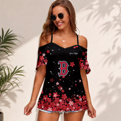 [FLASH SALE] NEW CUSTOMIZED MLB03 BRS BOSTON RED SOX WOMEN'S STRAPPY OFF-SHOULDER TOP