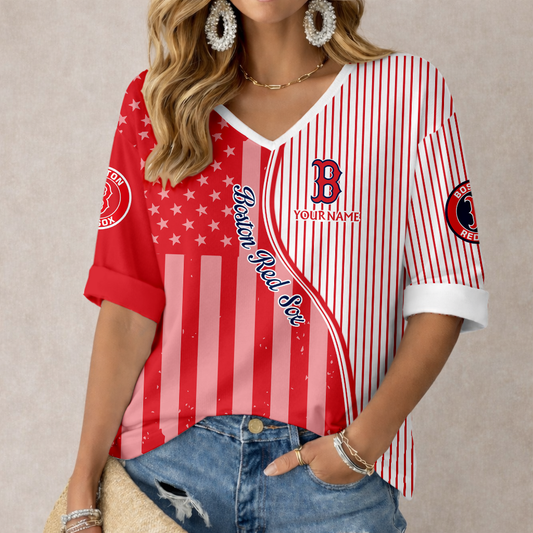 ELITE EDITION - NEW CUSTOMIZED MLB03 BRS BOSTON RED SOX WOMEN'S HEART V-NECK LONG SLEEVE SHIRT