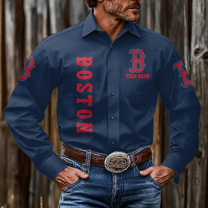 LIMITED EDITION - NEW CUSTOMIZED MLB03 BRS BOSTON RED SOX MEN'S LONG SLEEVE BUTTON-UP SHIRT