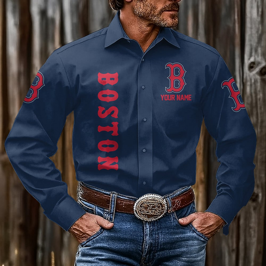 LIMITED EDITION - NEW CUSTOMIZED MLB03 BRS BOSTON RED SOX MEN'S LONG SLEEVE BUTTON-UP SHIRT