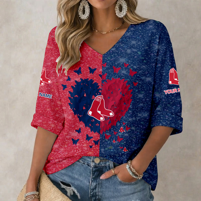 LIMITED EDITION - NEW CUSTOMIZED MLB03 BRS BOSTON RED SOX WOMEN'S HEART V-NECK LONG SLEEVE SHIRT