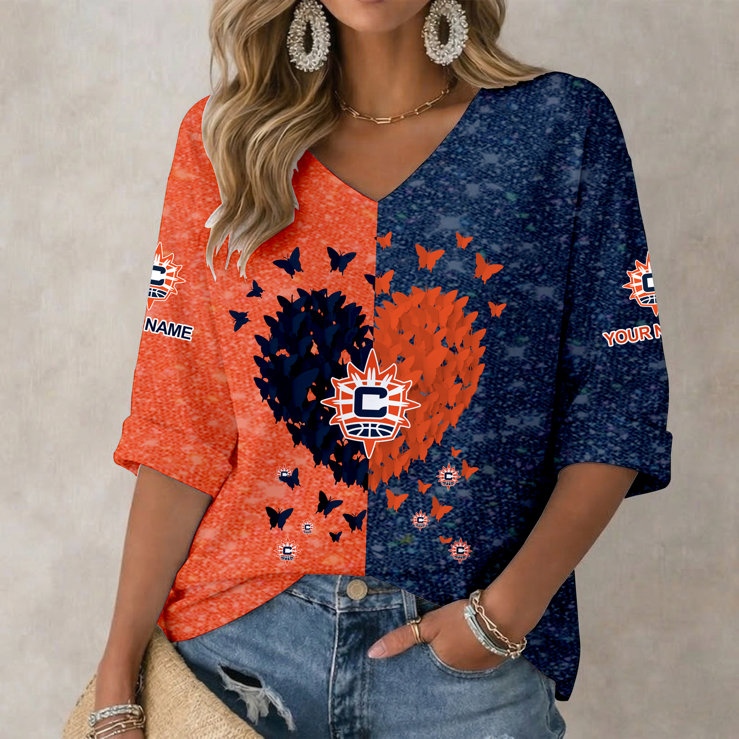 LIMITED EDITION - NEW CUSTOMIZED WNBA03 CTS CT SUN  WOMEN'S HEART V-NECK LONG SLEEVE SHIRT