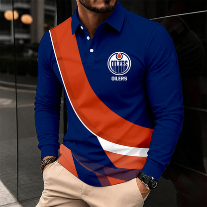 [SUPER SALE] NEW CUSTOMIZED NHL03 EMO EDMONTON OILERS MEN LONG SLEEVE POLO