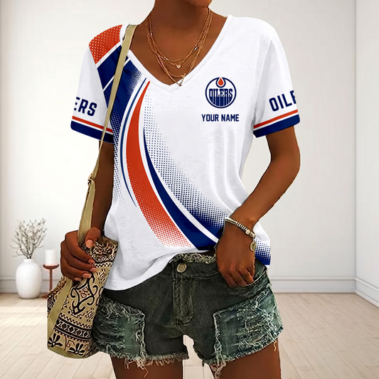LIMITED EDITION - NEW CUSTOMIZED NHL03 EMO EDMONTON OILERS V-NECK FEMALE SHIRT
