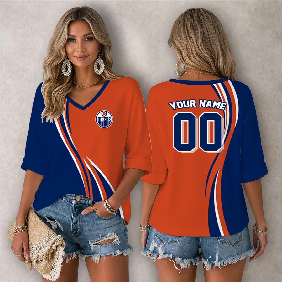 LIMITED EDITION - NEW CUSTOMIZED NHL03 EMO EDMONTON OILERS WOMEN'S HEART V-NECK LONG SLEEVE SHIRT