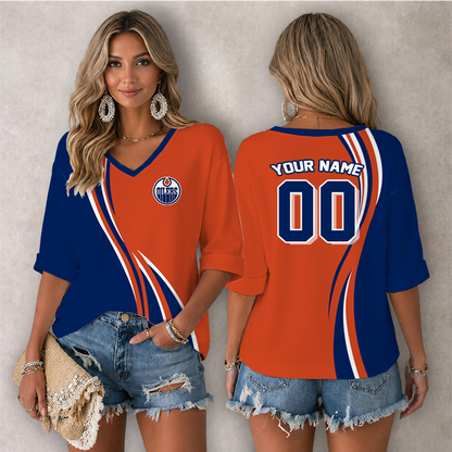 LIMITED EDITION - NEW CUSTOMIZED NHL03 EMO EDMONTON OILERS WOMEN'S HEART V-NECK LONG SLEEVE SHIRT