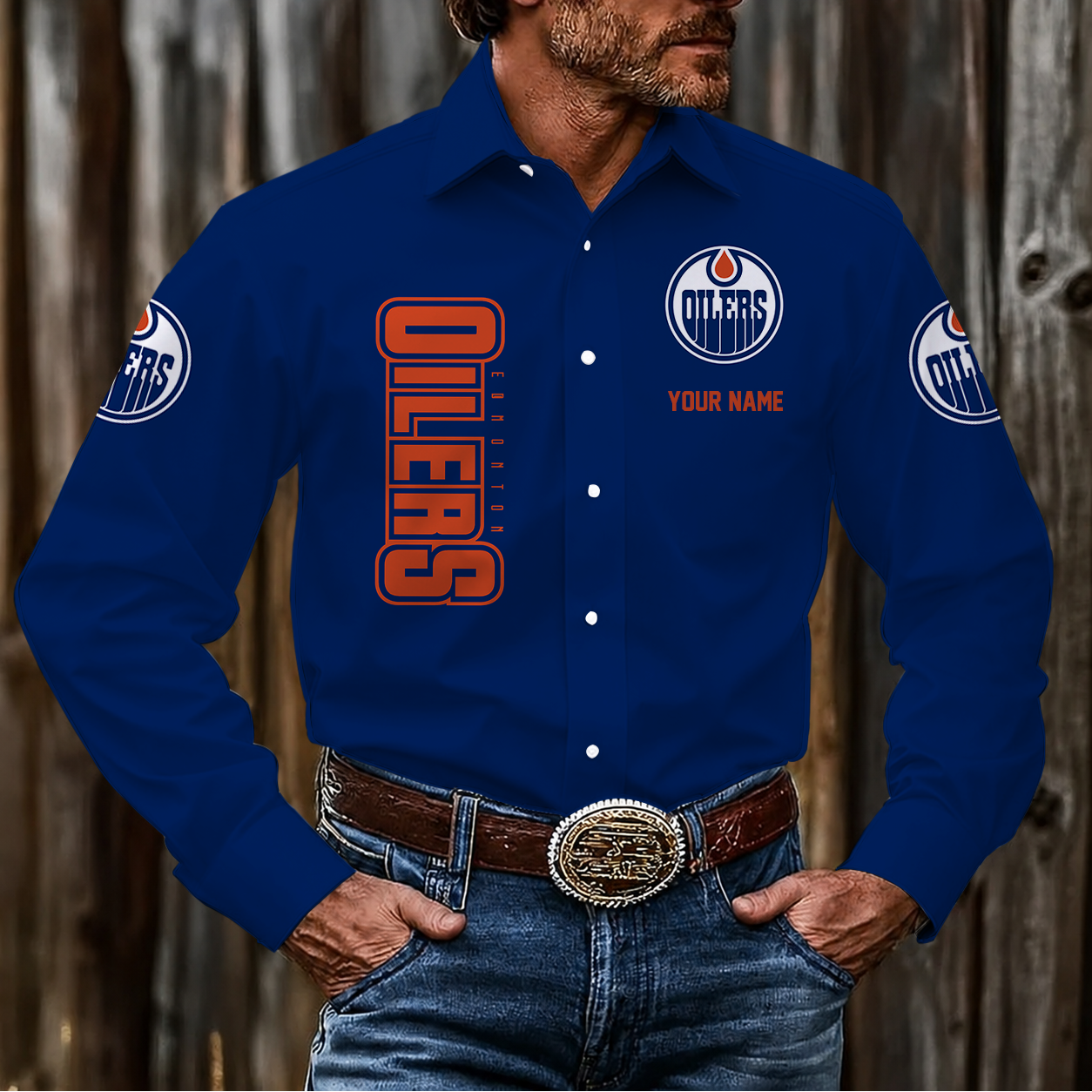 LIMITED EDITION - NEW CUSTOMIZED NHL03 EMO EDMONTON OILERS MEN'S LONG SLEEVE BUTTON-UP SHIRT