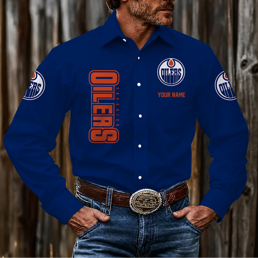 LIMITED EDITION - NEW CUSTOMIZED NHL03 EMO EDMONTON OILERS MEN'S LONG SLEEVE BUTTON-UP SHIRT