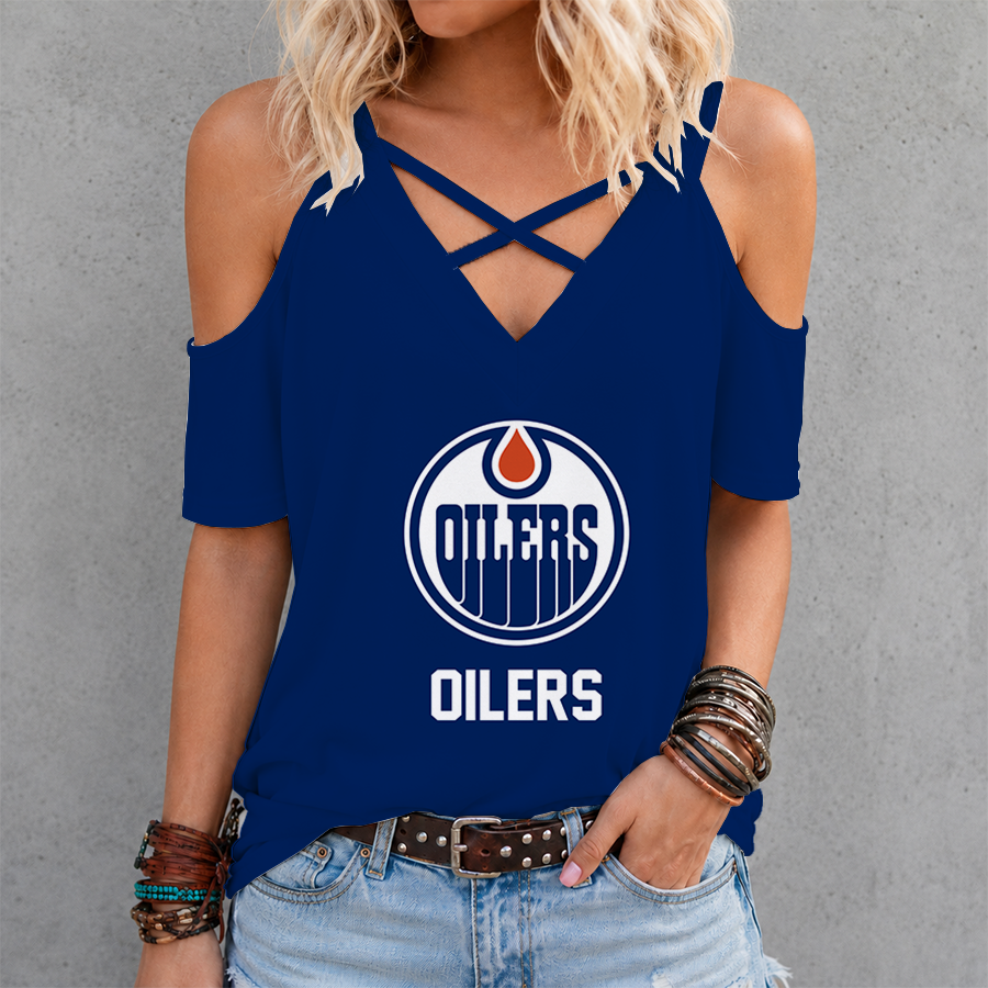 LIMITED EDITION - NEW CUSTOMIZED NHL03 EMO EDMONTON OILERS CRISS CROSS V-NECK TOP