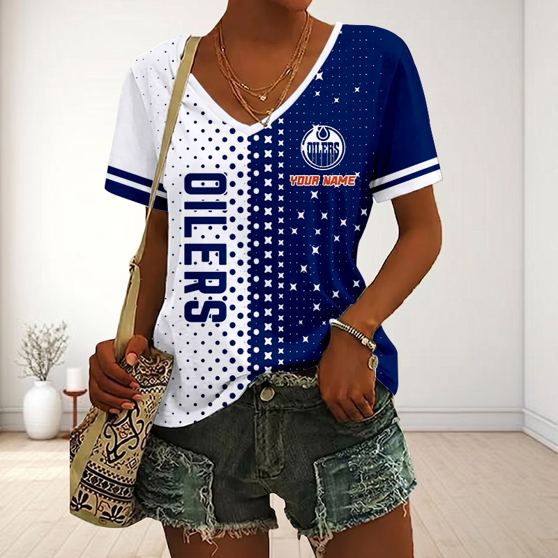 LIMITED EDITION - NEW CUSTOMIZED NHL03 EMO EDMONTON OILERS V-NECK FEMALE SHIRT