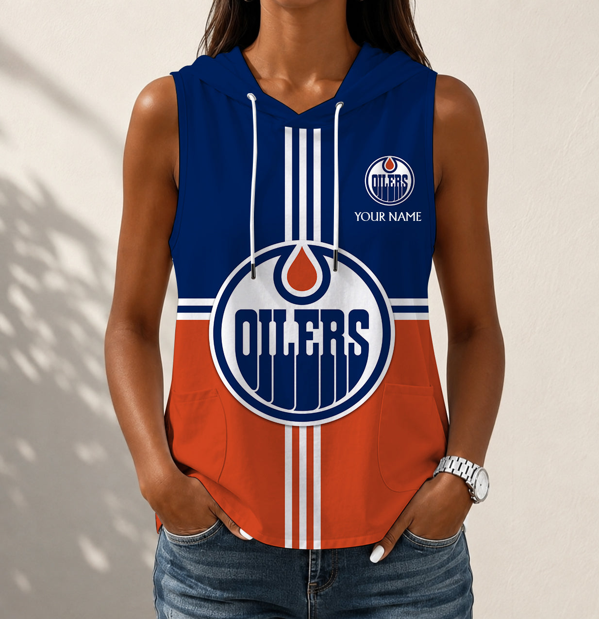 VIRAL EDITION - NEW CUSTOMIZED NHL03 EMO EDMONTON OILERS WOMEN'S SLEEVELESS HOODED POCKET TANK TOP