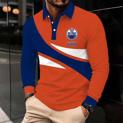 [SUPER SALE] NEW CUSTOMIZED NHL03 EMO EDMONTON OILERS MEN LONG SLEEVE POLO