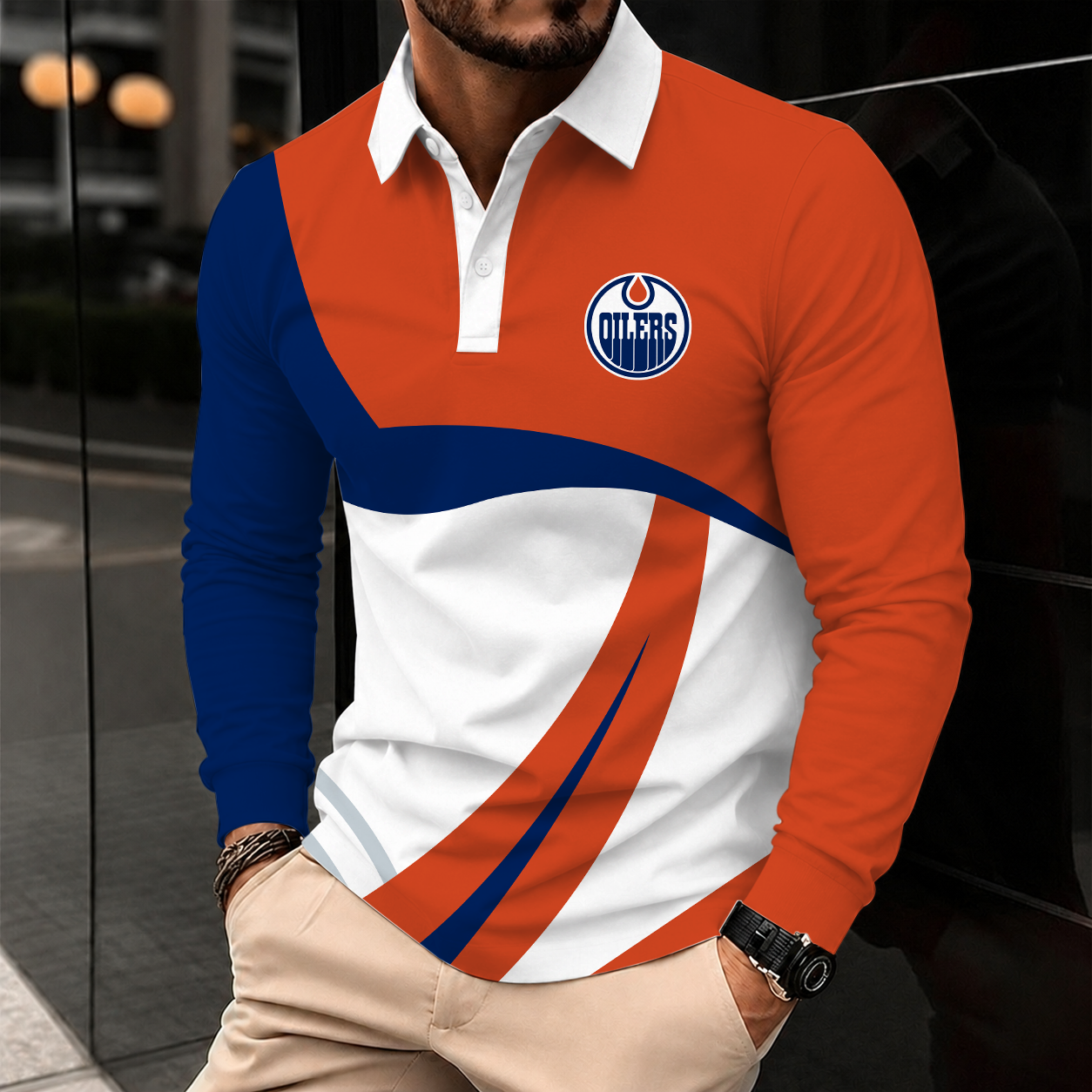 [SUPER SALE] NEW CUSTOMIZED NHL03 EMO EDMONTON OILERS MEN LONG SLEEVE POLO