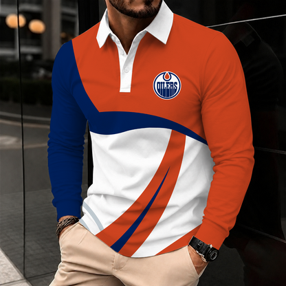 [SUPER SALE] NEW CUSTOMIZED NHL03 EMO EDMONTON OILERS MEN LONG SLEEVE POLO