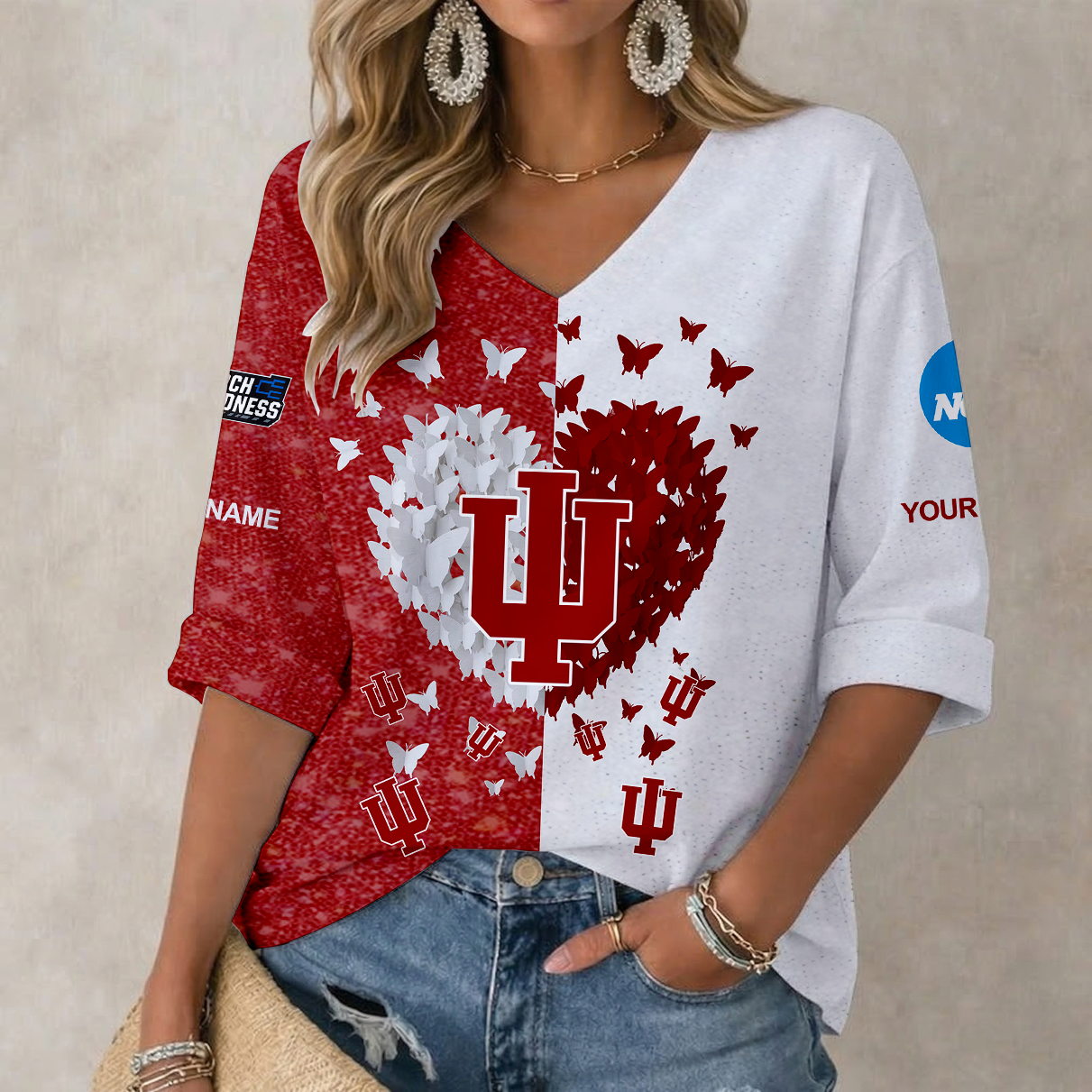 LIMITED EDITION - NEW CUSTOMIZED NCAA MAM03 IDH INDIANA HOOSIERS WOMEN'S HEART V-NECK LONG SLEEVE SHIRT