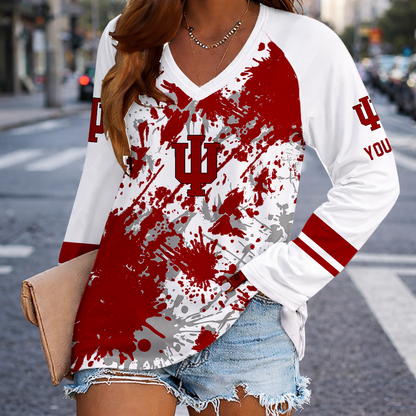[FAN FAVORITE] NEW CUSTOMIZED NCAA MAM03 IDH INDIANA HOOSIERS WOMEN'S V-NECK LONG SLEEVED SHIRT