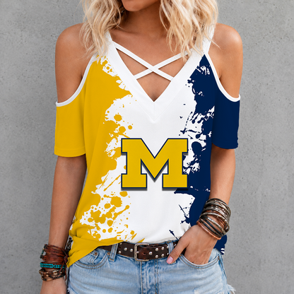 [FAN FAVORITE] NEW CUSTOMIZED NCAA FBS03 MIW MICHIGAN WOLVERINES CRISS CROSS V-NECK TOP