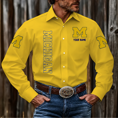 LIMITED EDITION - NEW CUSTOMIZED NCAA FBS03 MIW MICHIGAN WOLVERINES MEN'S LONG SLEEVE BUTTON-UP SHIRT