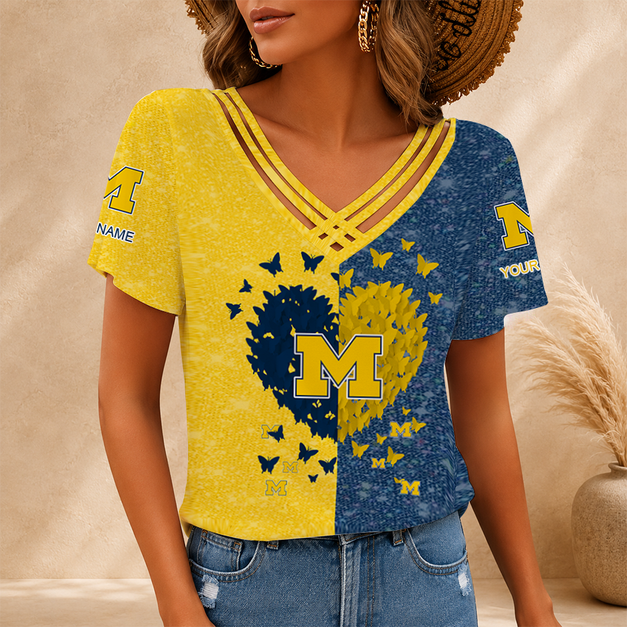 [FAN FAVORITE] NEW CUSTOMIZED NCAA FBS03 MIW MICHIGAN WOLVERINES V-NECK SHIRT