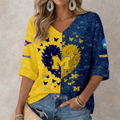 LIMITED EDITION - NEW CUSTOMIZED NCAA FBS03 MIW MICHIGAN WOLVERINES WOMEN'S HEART V-NECK LONG SLEEVE SHIRT