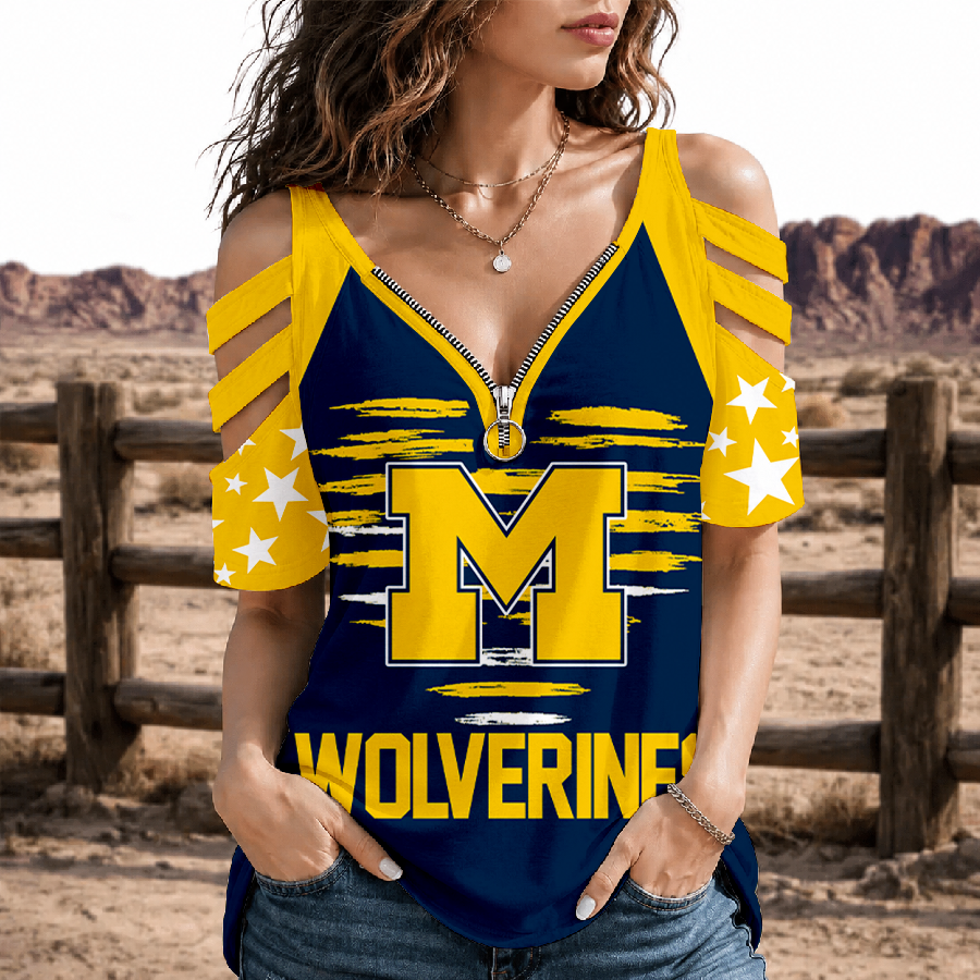 [FAN FAVORITE] NEW CUSTOMIZED NCAA FBS03 MIW MICHIGAN WOLVERINES STRAPPY COLD-SHOULDER TOP