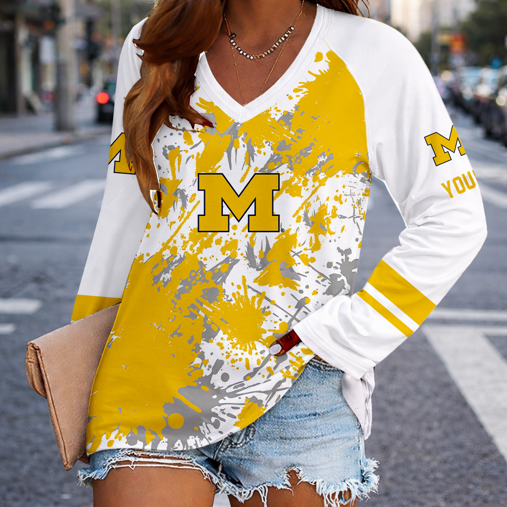 [FAN FAVORITE] NEW CUSTOMIZED NCAA FBS03 MIW MICHIGAN WOLVERINES WOMEN'S V-NECK LONG SLEEVED SHIRT