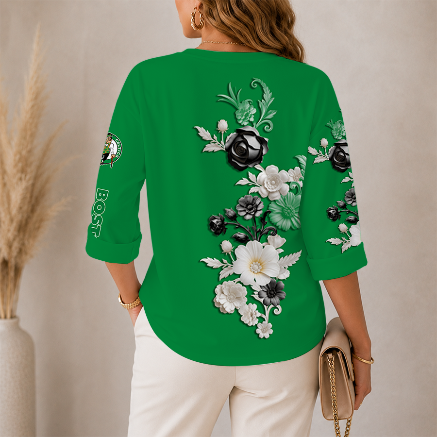 [HOT DEAL] NEW CUSTOMIZED NBA03 BCE BOSTON CELTICS WOMEN'S V-NECK LONG SLEEVE SHIRT