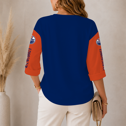 [SUPER SALE] NEW CUSTOMIZED NHL03 EMO EDMONTON OILERS WOMEN'S HEART V-NECK LONG SLEEVE SHIRT