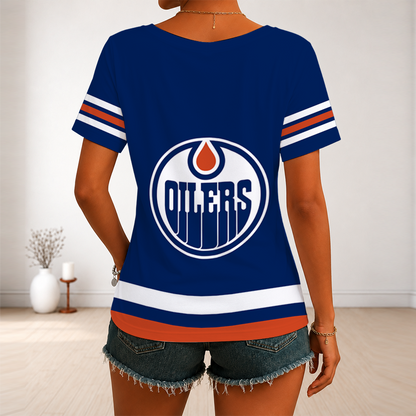 [SUPER SALE] NEW CUSTOMIZED NHL03 EMO EDMONTON OILERS V-NECK FEMALE SHIRT