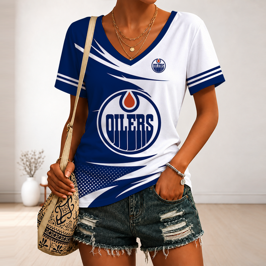 [SUPER SALE] NEW CUSTOMIZED NHL03 EMO EDMONTON OILERS V-NECK FEMALE SHIRT