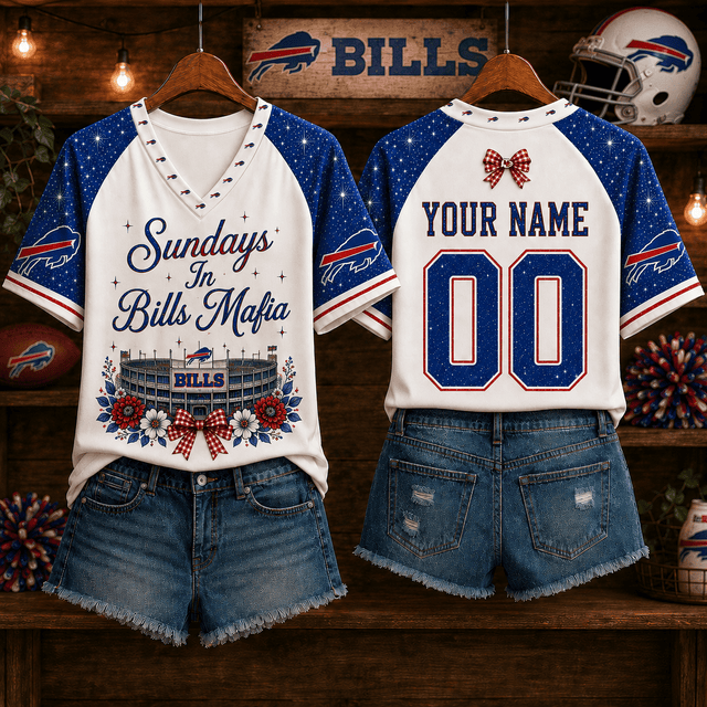 EXCLUSIVE EDITION - NEW CUSTOMIZED NFL03 BFB BUFFALO BILLS V-NECK FEMALE SHIRT