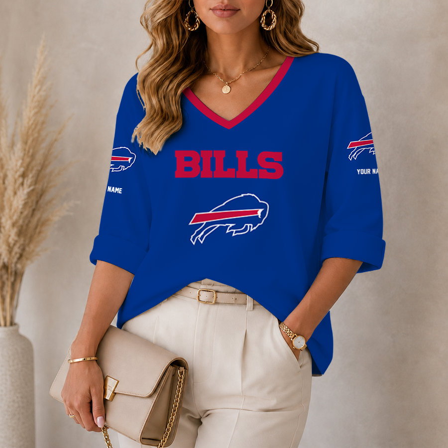 [SPECIAL OFFER] NEW CUSTOMIZED NFL03 BFB BUFFALO BILLS WOMEN'S HEART V-NECK LONG SLEEVE SHIRT