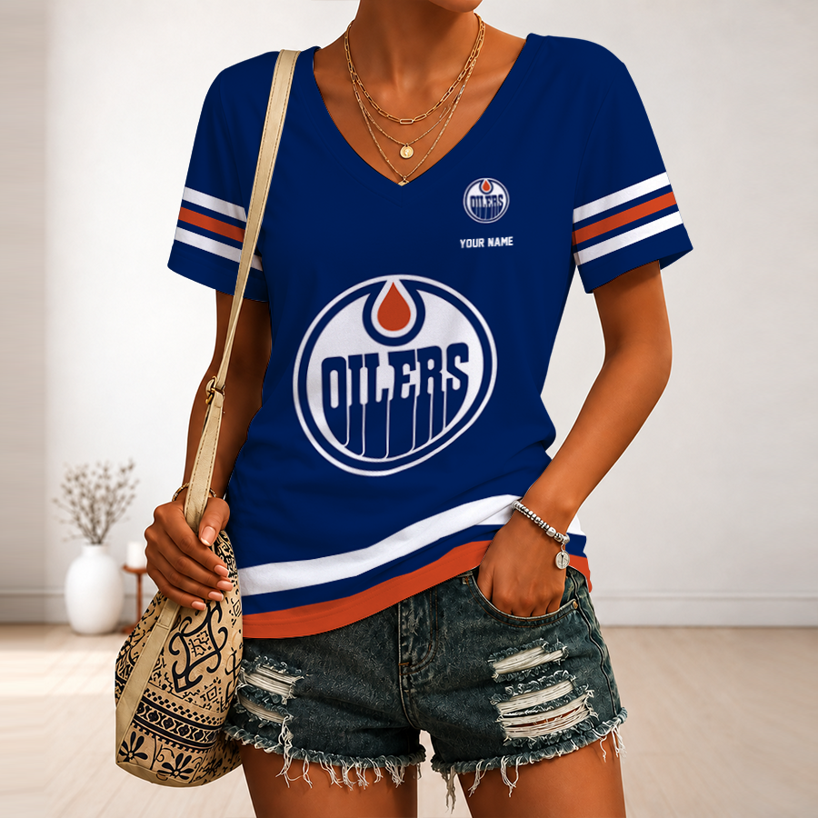 [SUPER SALE] NEW CUSTOMIZED NHL03 EMO EDMONTON OILERS V-NECK FEMALE SHIRT