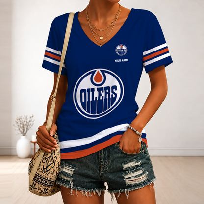 [SUPER SALE] NEW CUSTOMIZED NHL03 EMO EDMONTON OILERS V-NECK FEMALE SHIRT