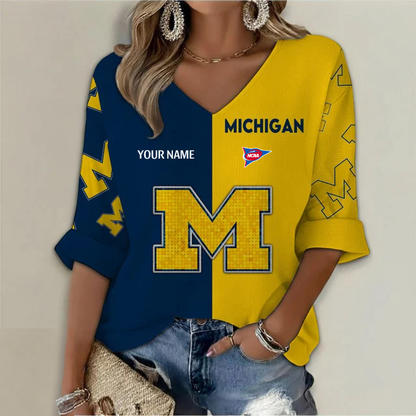 ELITE EDITION - NEW CUSTOMIZED NCAA FBS03 MIW MICHIGAN WOLVERINES WOMEN'S HEART V-NECK LONG SLEEVE SHIRT