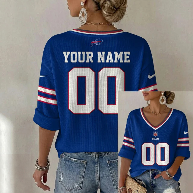 ELITE EDITION - NEW CUSTOMIZED NFL03 BFB BUFFALO BILLS WOMEN'S HEART V-NECK LONG SLEEVE SHIRT