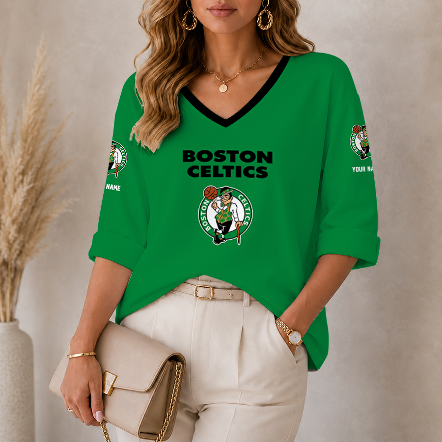 [HOT DEAL] NEW CUSTOMIZED NBA03 BCE BOSTON CELTICS WOMEN'S HEART V-NECK LONG SLEEVE SHIRT