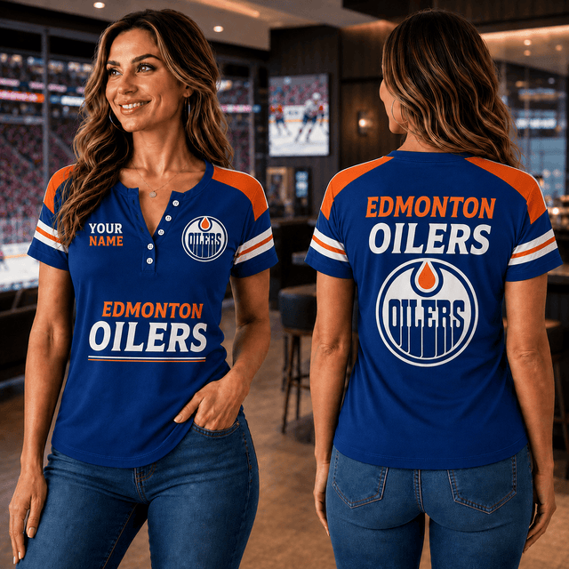 SPECIAL EDITION - NEW CUSTOMIZED NHL03 EMO EDMONTON OILERS WOMEN'S SHORT SLEEVE HENLEY T-SHIRT