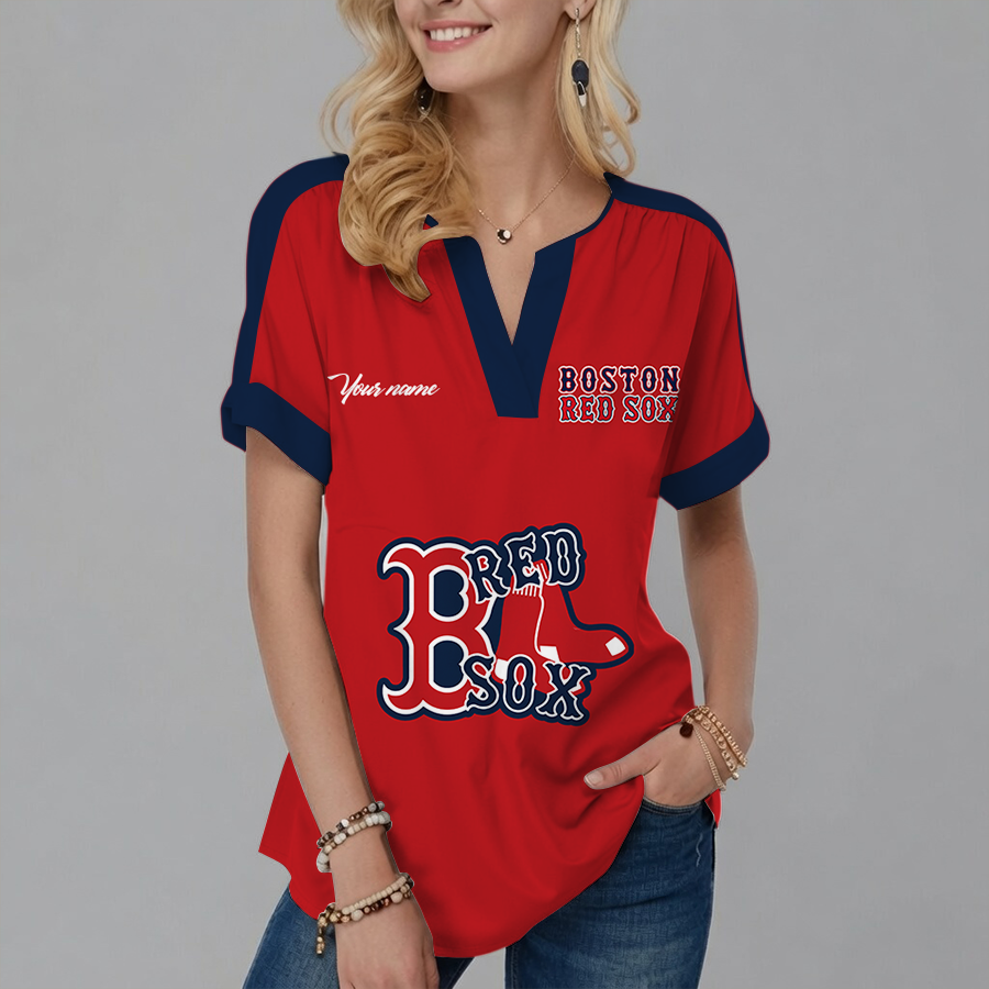 [FLASH SALE] NEW CUSTOMIZED MLB03 BRS BOSTON RED SOX V-NECK FEMALE SHIRT