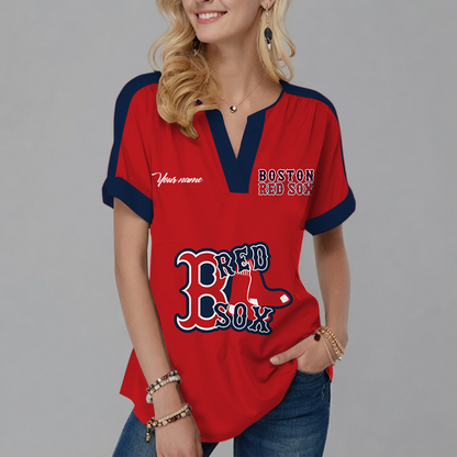 [FLASH SALE] NEW CUSTOMIZED MLB03 BRS BOSTON RED SOX V-NECK FEMALE SHIRT
