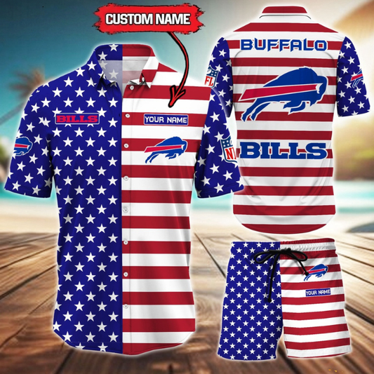 ELITE EDITION  - NEW CUSTOMIZED NFL03 BFB BUFFALO BILLS UNISEX INDEPENDENCE DAY HAWAIIAN SHIRT & SHORTS SET